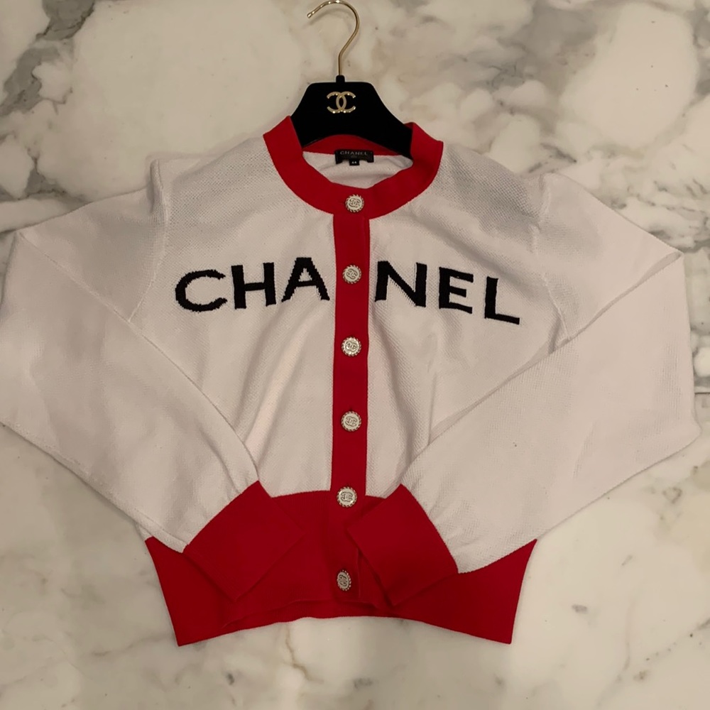 CHANEL White and Red Logo Button-Front Cardigan